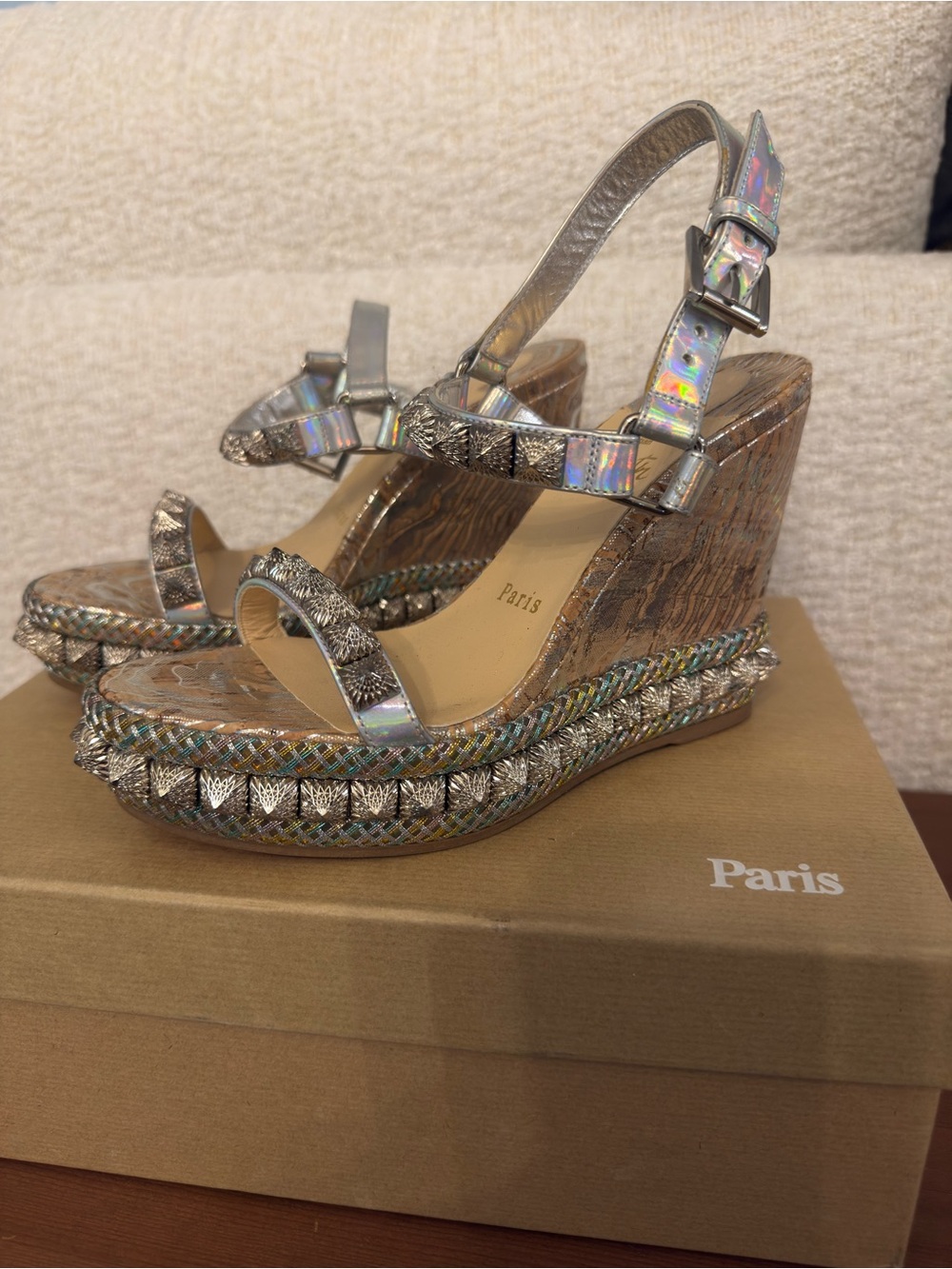 Christian Louboutin Holographic Silver Metallic Wedge Sandals